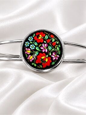 Handmade Floral Art Glass Silver Tone Cuff Bracelet One of a Kind